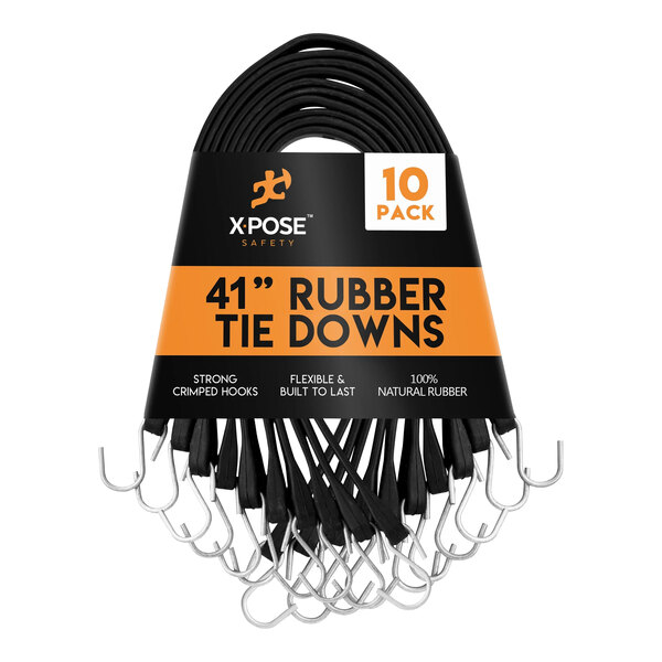 A close up of a 10 pack of black Xpose rubber tie down bungee cords with hooks.