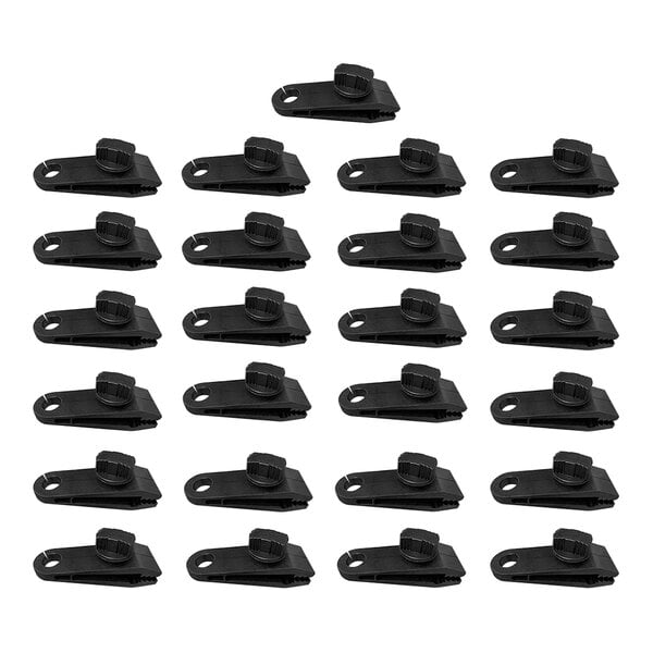 A group of Xpose Safety Heavy-Duty black plastic tarp clips.