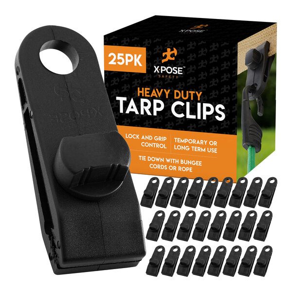 A 25-pack of Xpose Safety heavy-duty reusable tarp clips for securing tarps with lock and grip control.