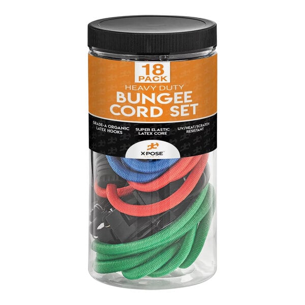 A plastic container holding an Xpose Safety assorted heavy-duty bungee cord set with colorful cords.