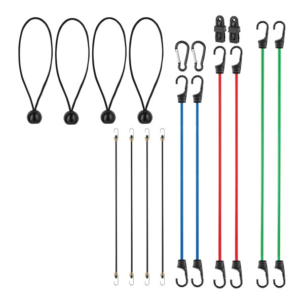 An 18-piece Xpose Safety bungee cord set with cords in four different colors and hooks.