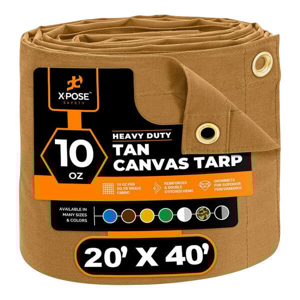 A roll of tan Xpose Safety canvas tarp with a black and white label.