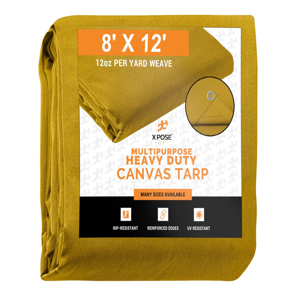 A yellow heavy-duty canvas tarp with white text reading "Xpose Safety 8' x 12' Tan Heavy-Duty Weatherproof 12 oz. Duck Canvas Tarp"