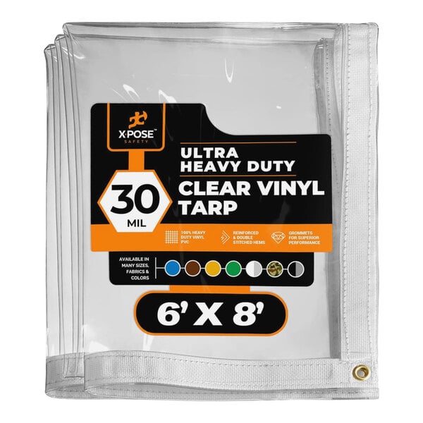 A package of Xpose Safety clear vinyl tarp with a black label.
