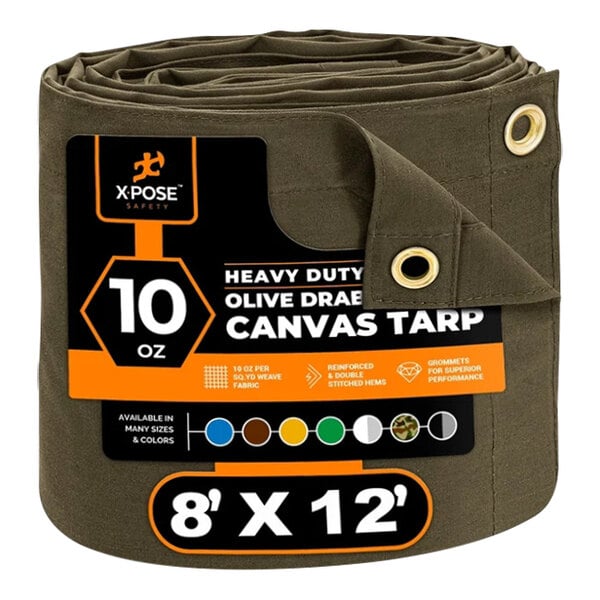 An Xpose Safety olive drab heavy-duty poly canvas tarp in packaging.