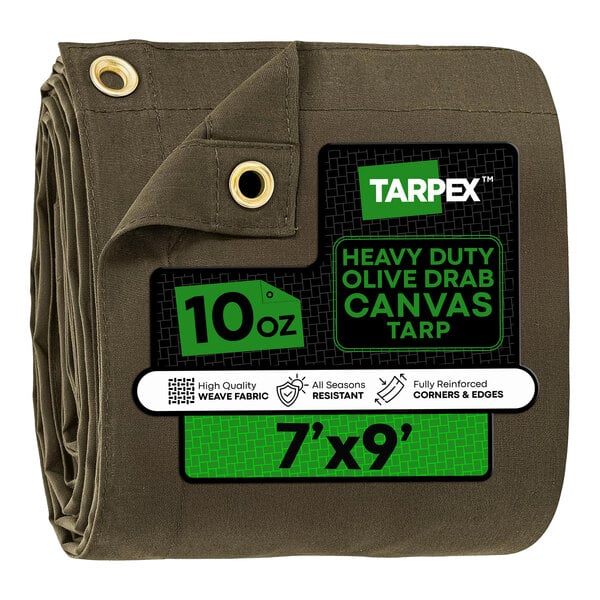 A heavy-duty olive drab canvas tarp measuring 7 feet by 9 feet with reinforced corners and edges.
