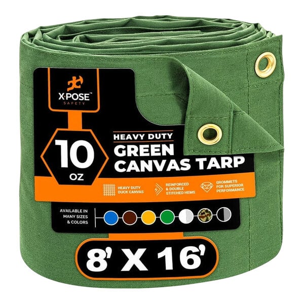 A roll of green Xpose Safety heavy-duty canvas tarp with a label.