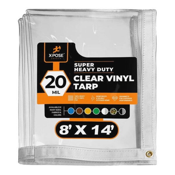 A clear vinyl bag with a Xpose Safety clear vinyl tarp with black and white text.