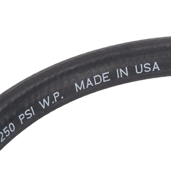 A close-up of a black rubber hose with the words "Made in USA" on it.