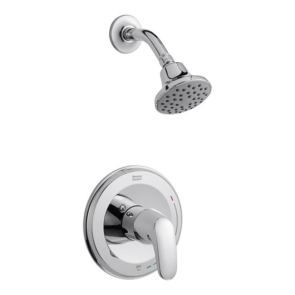 An American Standard Colony Pro shower head and faucet with double ceramic valve in white.