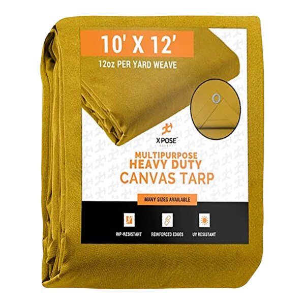 A tan heavy-duty weatherproof canvas tarp with white text.