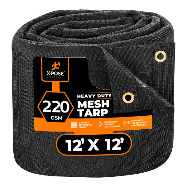 A rolled up black Xpose Safety mesh tarp.