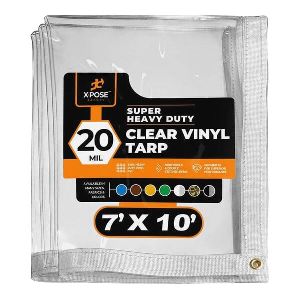 A package with a white label for a Xpose Safety clear vinyl tarp with black text.
