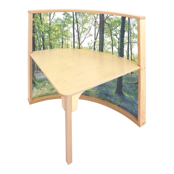 A Whitney Brothers wood pod with a curved-in serenity backdrop featuring a forest scene.