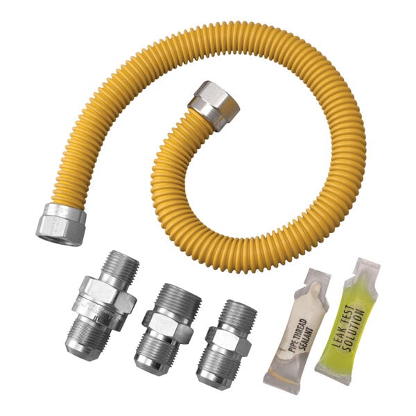 A yellow flexible hose with silver metal fittings.