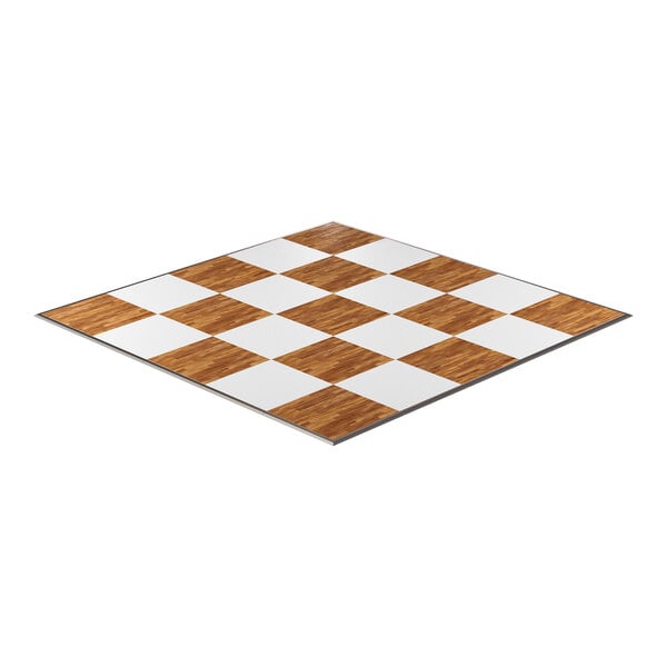 A California Portable Dance Floor with New England Plank and White Checker pattern.