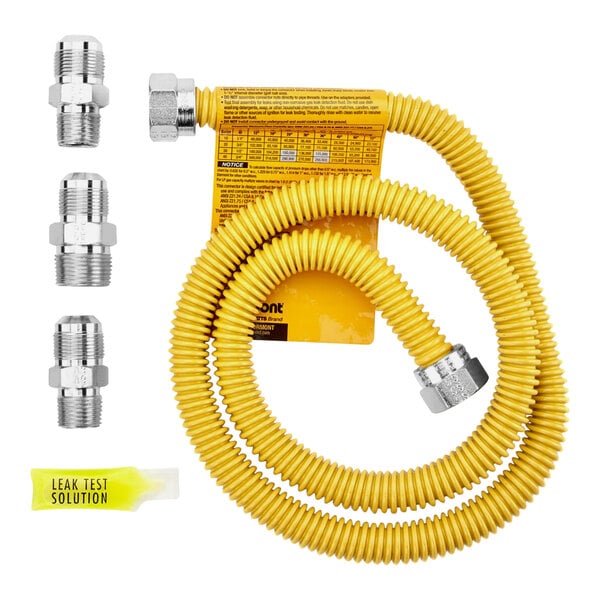 A yellow polymer-coated stainless steel gas connector hose with silver metal fittings and a label.