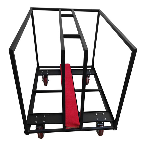 A black metal cart with red carpet on it and wheels.