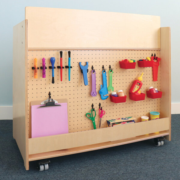 A Whitney Brothers wooden STEM cart with plastic bins and pegboard.