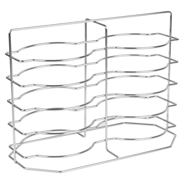 A silver metal rack with six shelves for holding plates.