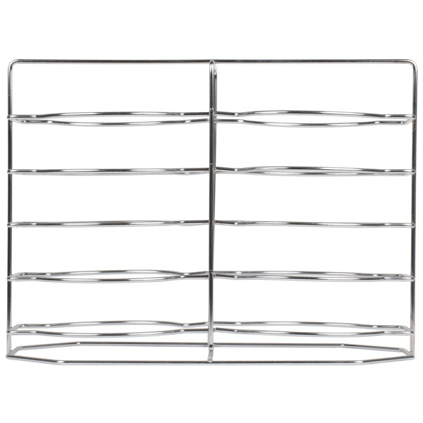 A metal rack with many rows of metal rods with one open side holding 10 plates.