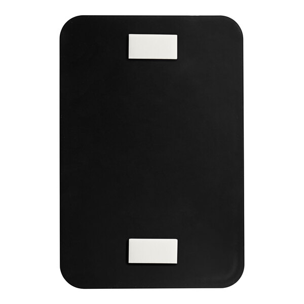 A black rectangular plastic sign with white text that reads "No Smoking" and a white border.