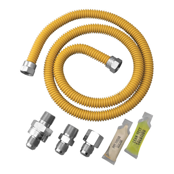 A yellow polymer-coated stainless steel gas connector kit with silver nuts.