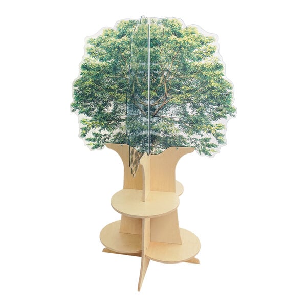 A Whitney Brothers wooden tree book shelf on a stand.