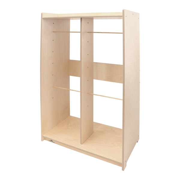 A Whitney Brothers wood hanging bag storage cabinet with shelves.