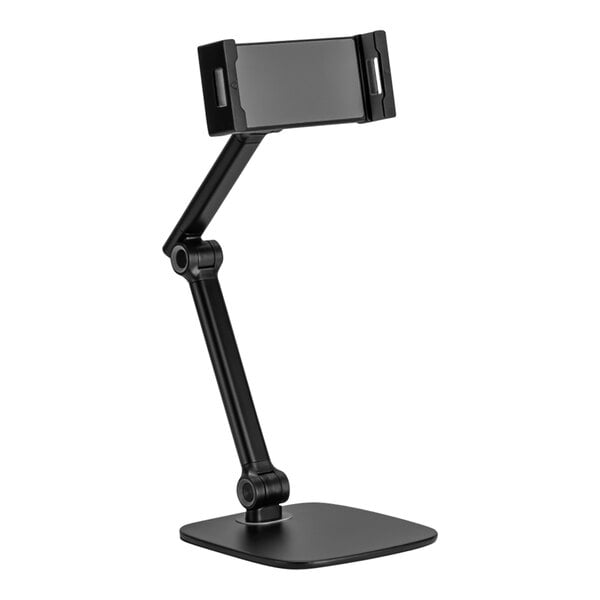 A black Kantek tablet and phone desktop stand with a phone on it.