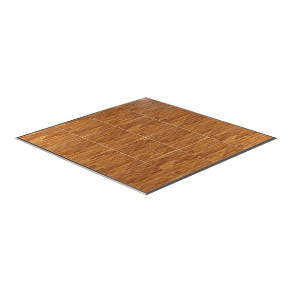 A California Portable New England Plank composite laminate portable dance floor with a brown finish and white lines.