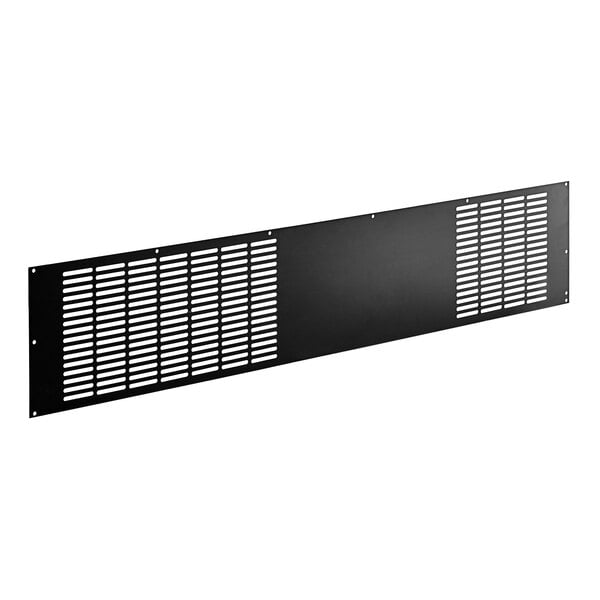 A black rectangular metal grille with holes.