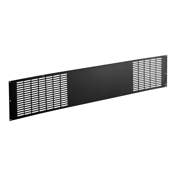 A black metal grille panel with a grid pattern.