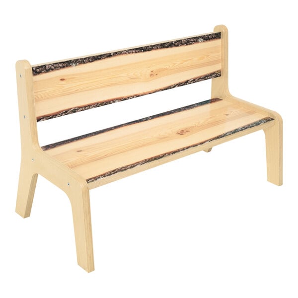 A Whitney Brothers wooden bench with a live edge design.