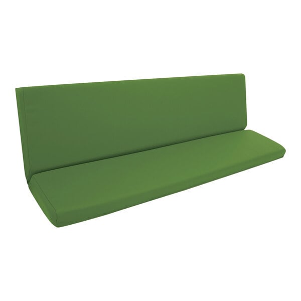A green cushion for a bench with a hinged lid.