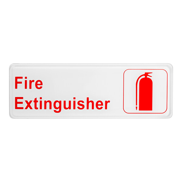 A white rectangular sign with red text reading "Fire Extinguisher" above a white fire extinguisher icon.