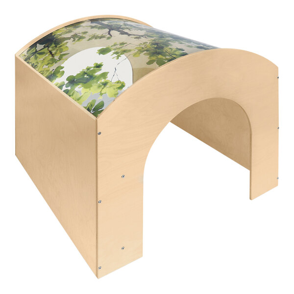 A wooden reading haven with a clear roof.