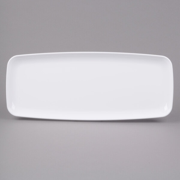 A white rectangular Sabert Mozaik catering tray with a small rim.