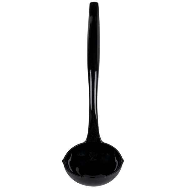 A black ladle with a long handle.