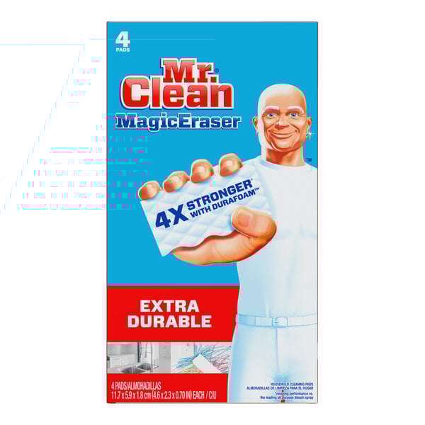 A box of 4 Mr. Clean Extra Durable Magic Erasers.