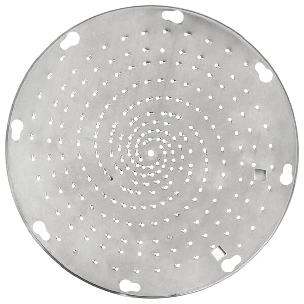 A stainless steel Hobart Shredder Plate with circular holes.