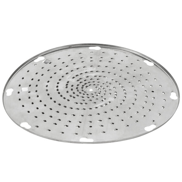 A silver metal grater with holes.