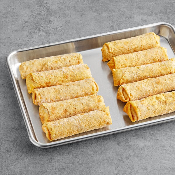 A tray with six Gourmet Egg Roll Co. Bacon, Egg, and Cheese Egg Rolls.
