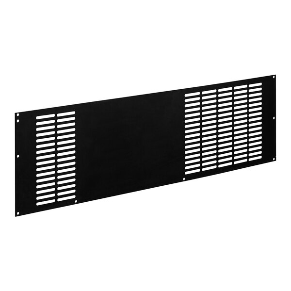 A black rectangular grille with vent holes.