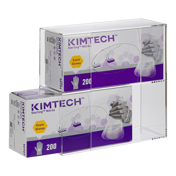 A Kantek clear acrylic double glove dispenser holding two boxes of Kimtech gloves.