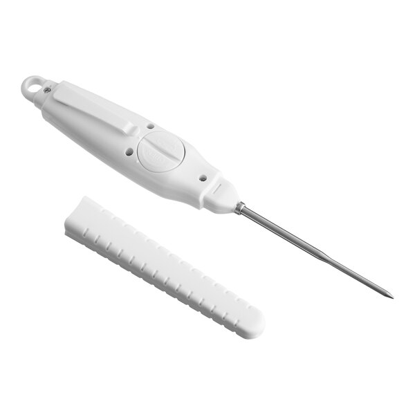 A white heavy-duty waterproof digital pocket probe thermometer with a protective cover.