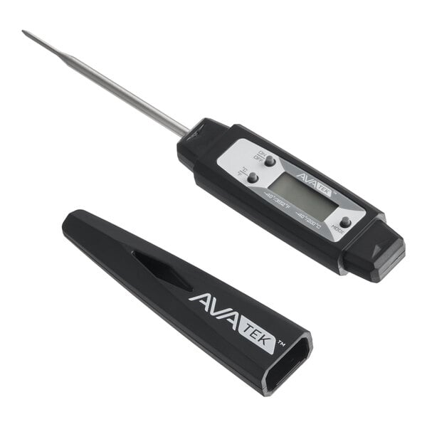 A black digital pocket probe thermometer with a protective cover.