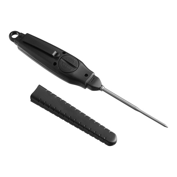 A black heavy-duty waterproof digital pocket probe thermometer with a protective cover.