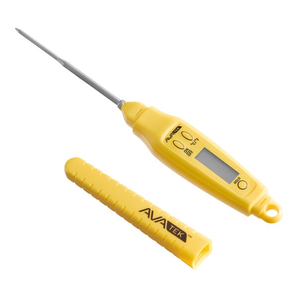 A yellow digital pocket probe thermometer with a protective cover.