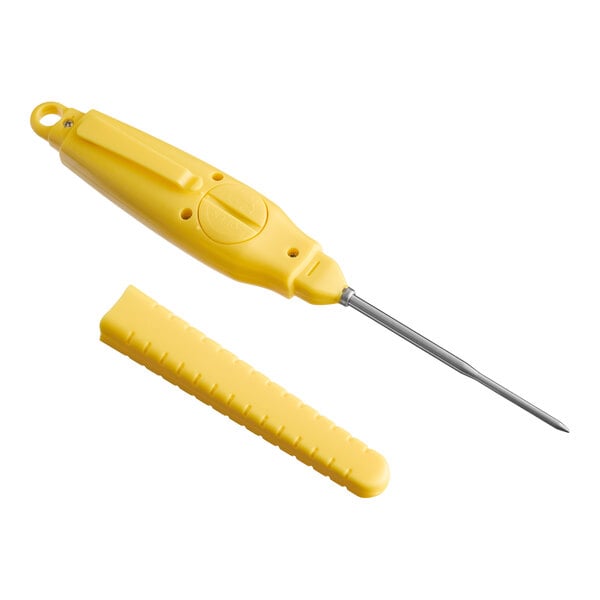 A yellow heavy-duty waterproof digital pocket probe thermometer with a protective cover.